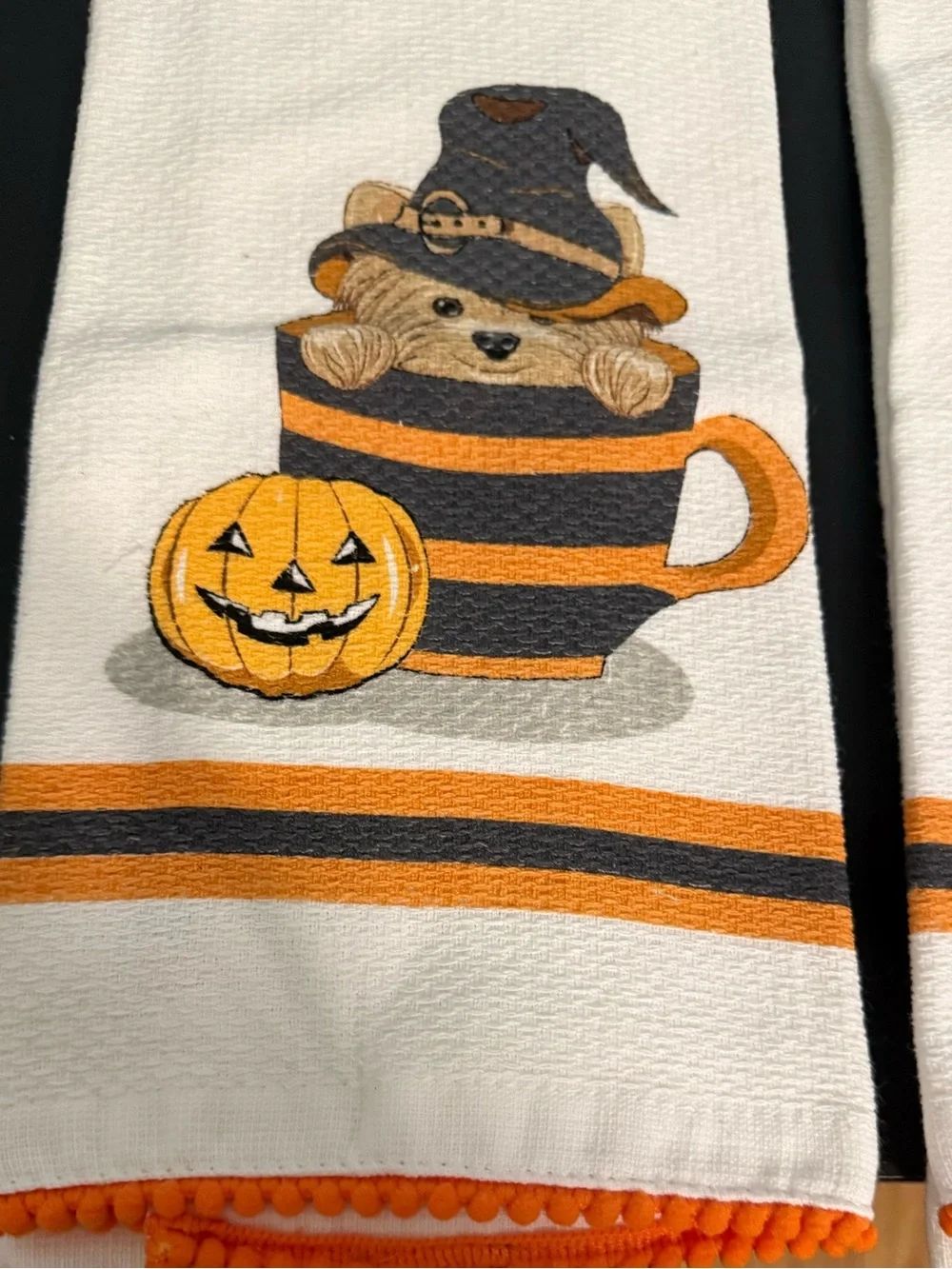 Halloween Themed Bear in Striped Mug Orange & Black kitchen towel set!